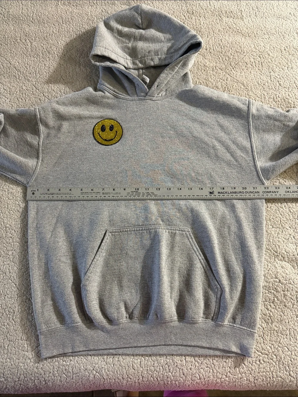 Gildan Light Gray Hoodie with Yellow Rhinestone Smiley Patch Medium